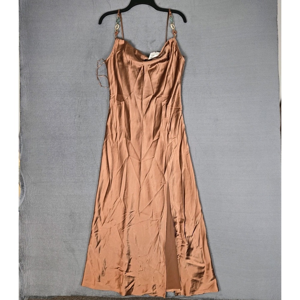 Jason Wu Lana Cowl Neck Satin Midi Dress Womens Large Side Slit Bronze NWT